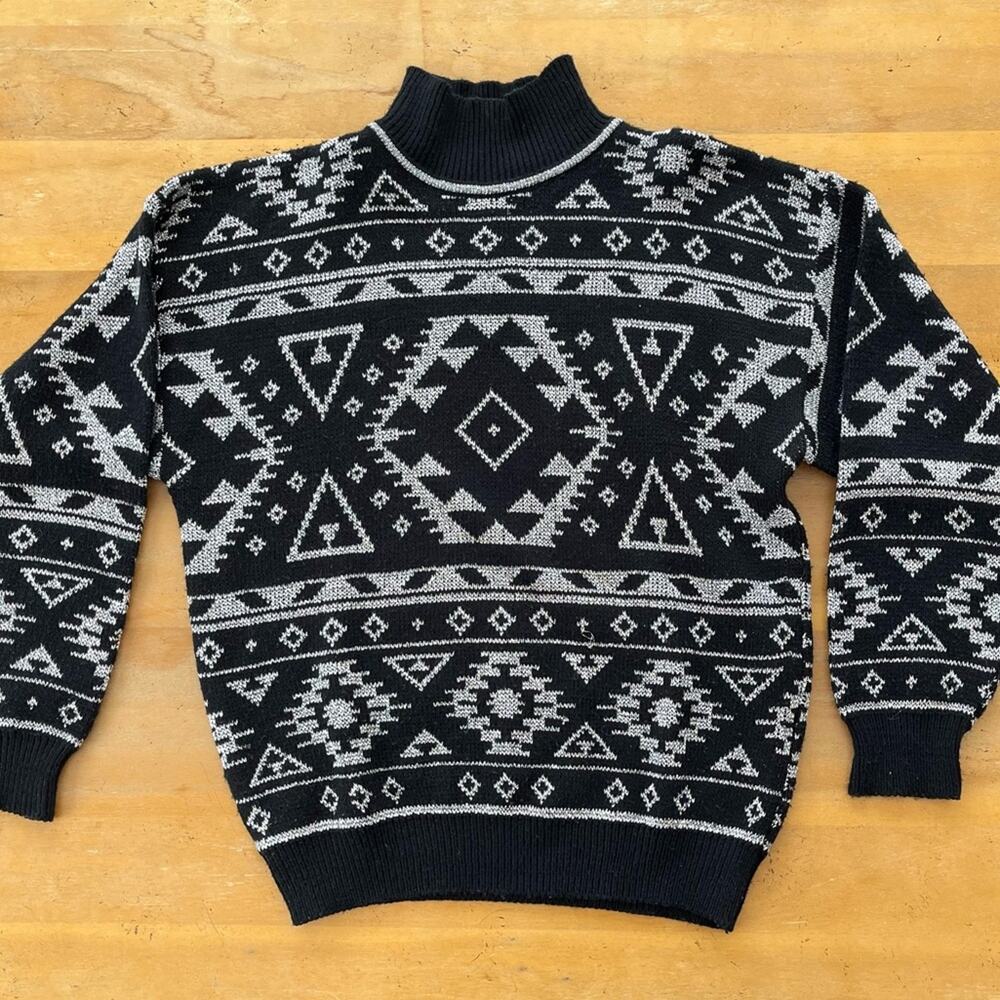 Vintage Black and Silver Turtleneck Sweater Size Medium Geometric Pattern Aztec